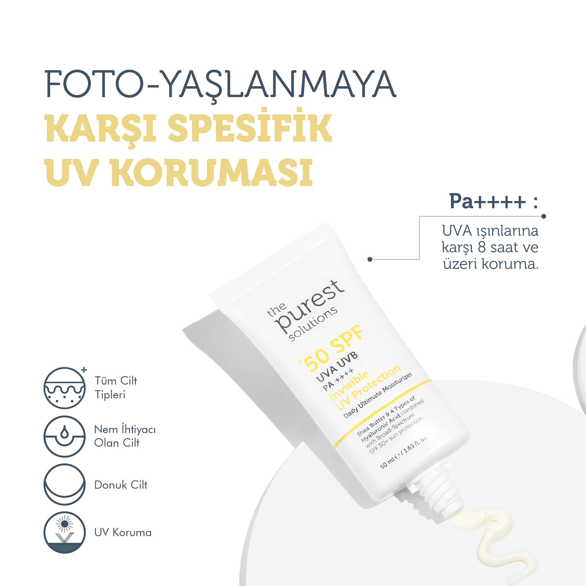 The Purest Solutions Görünmez UV Koruması SPF 50+ Günlük Yoğun Nemlendirici Güneş Kremi 50 ml