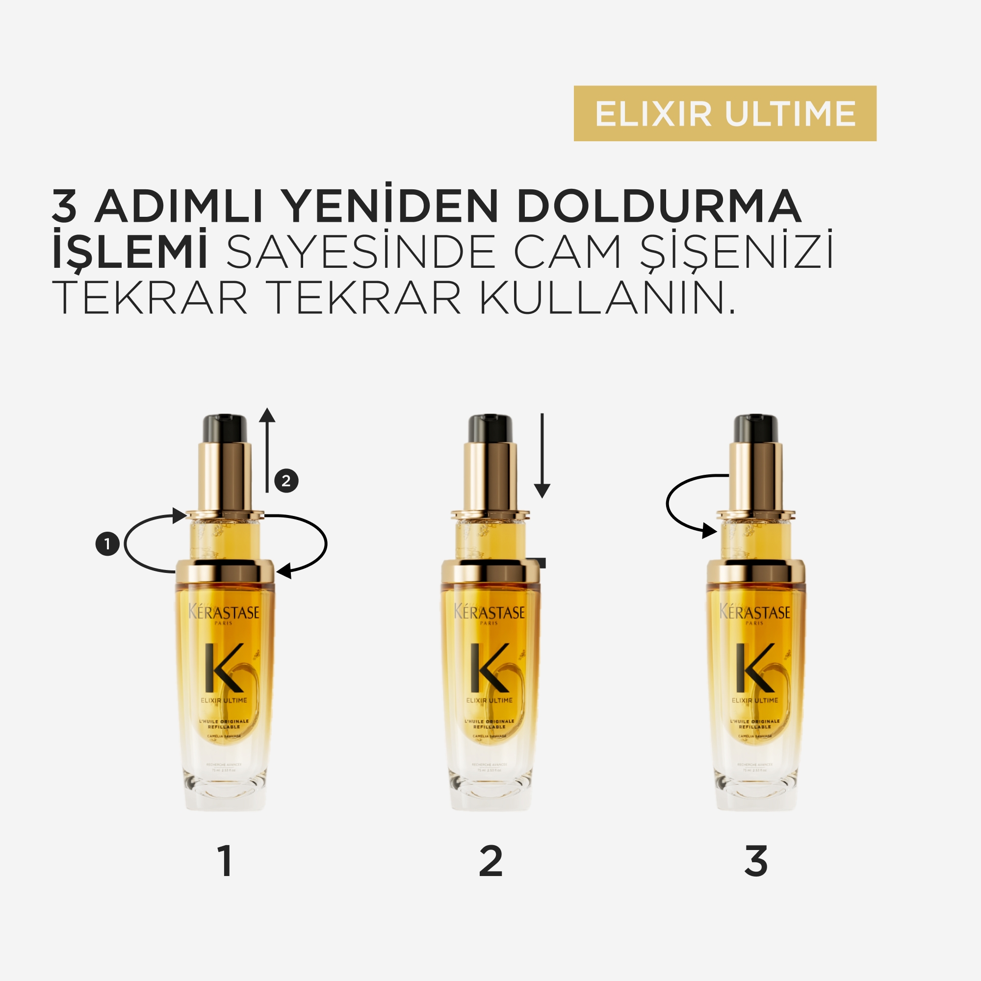 Kerastase Elixir Ultime Refill 3 ADIMLI YENİDEN DOLDURMA İŞLEMİ SAYESİNDE CAM ŞİŞENİZİ TEKRAR TEKRAR KULLANIN